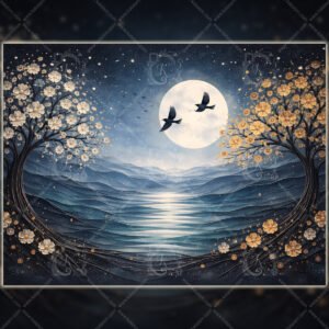 WE Moonlit Landscape Wall Art – Minimalist Night Scene with Blossoms, Birds & Soft Blue Tones 01 Moonlit Landscape Wall Art | Minimalist Night Scene with Blossoms, Birds & Soft Blue Tones