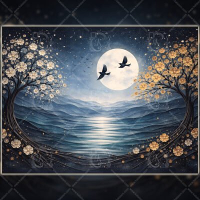 Moonlit Landscape Wall Art | Minimalist Night Scene with Blossoms, Birds & Soft Blue Tones