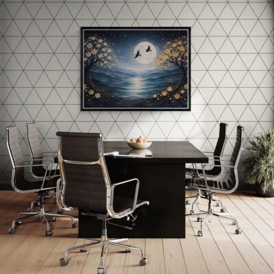 Moonlit Landscape Wall Art | Minimalist Night Scene with Blossoms, Birds & Soft Blue Tones