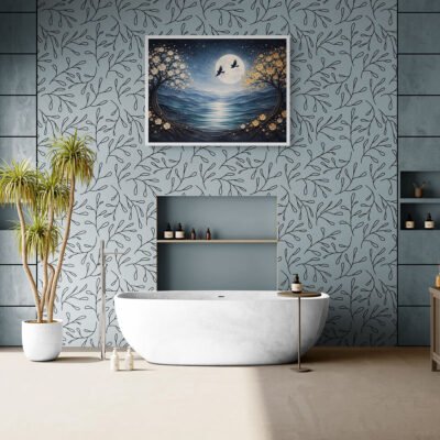 Moonlit Landscape Wall Art | Minimalist Night Scene with Blossoms, Birds & Soft Blue Tones