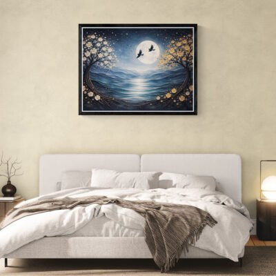 Moonlit Landscape Wall Art | Minimalist Night Scene with Blossoms, Birds & Soft Blue Tones