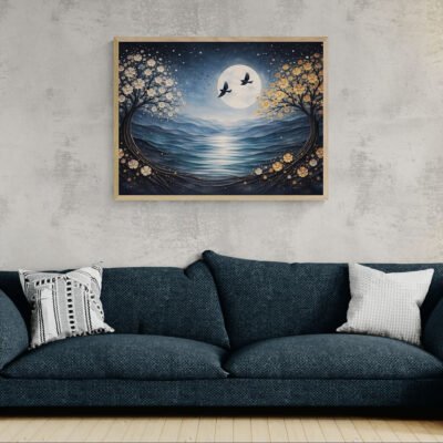 Moonlit Landscape Wall Art | Minimalist Night Scene with Blossoms, Birds & Soft Blue Tones