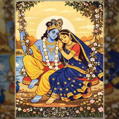 16 x 12 - 8 Radha Krishna Swing Wall Art | 2D Flat Pichwai Style Divine Swing Illustration