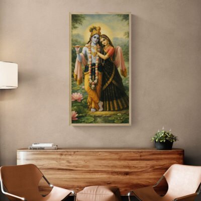 Radha Krishna Wall Art | Divine Pichwai Painting with Lotus Garden Background