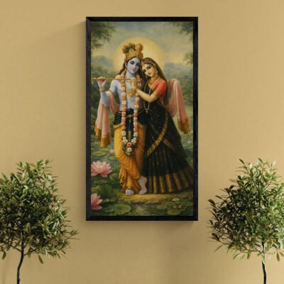 Radha Krishna Wall Art | Divine Pichwai Painting with Lotus Garden Background