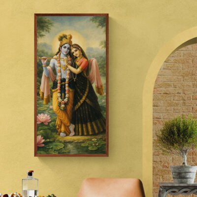 Radha Krishna Wall Art | Divine Pichwai Painting with Lotus Garden Background