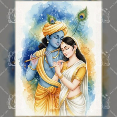 Serene Watercolor of Radha Krishna Divine Love | Spiritual Pastel Art
