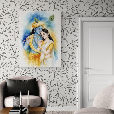 Serene Watercolor of Radha Krishna Divine Love | Spiritual Pastel Art