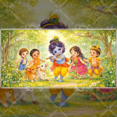Little Krishna Playing with Friends | Cute Kids Wall Art with Calves | Nursery Decor