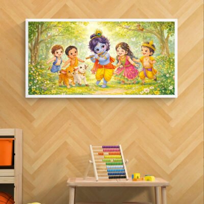 Little Krishna Playing with Friends | Cute Kids Wall Art with Calves | Nursery Decor