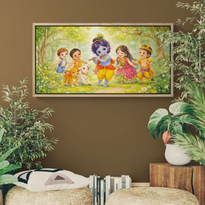 Little Krishna Playing with Friends | Cute Kids Wall Art with Calves | Nursery Decor