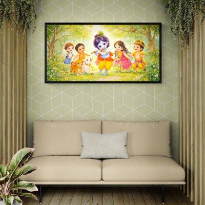 Little Krishna Playing with Friends | Cute Kids Wall Art with Calves | Nursery Decor