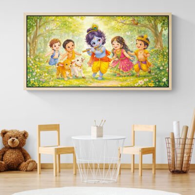 Little Krishna Playing with Friends | Cute Kids Wall Art with Calves | Nursery Decor